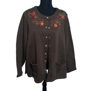Breckenridge Woman Cardigan Sweatshirt 3X Brown Embroidered Autumn Leaves Snap